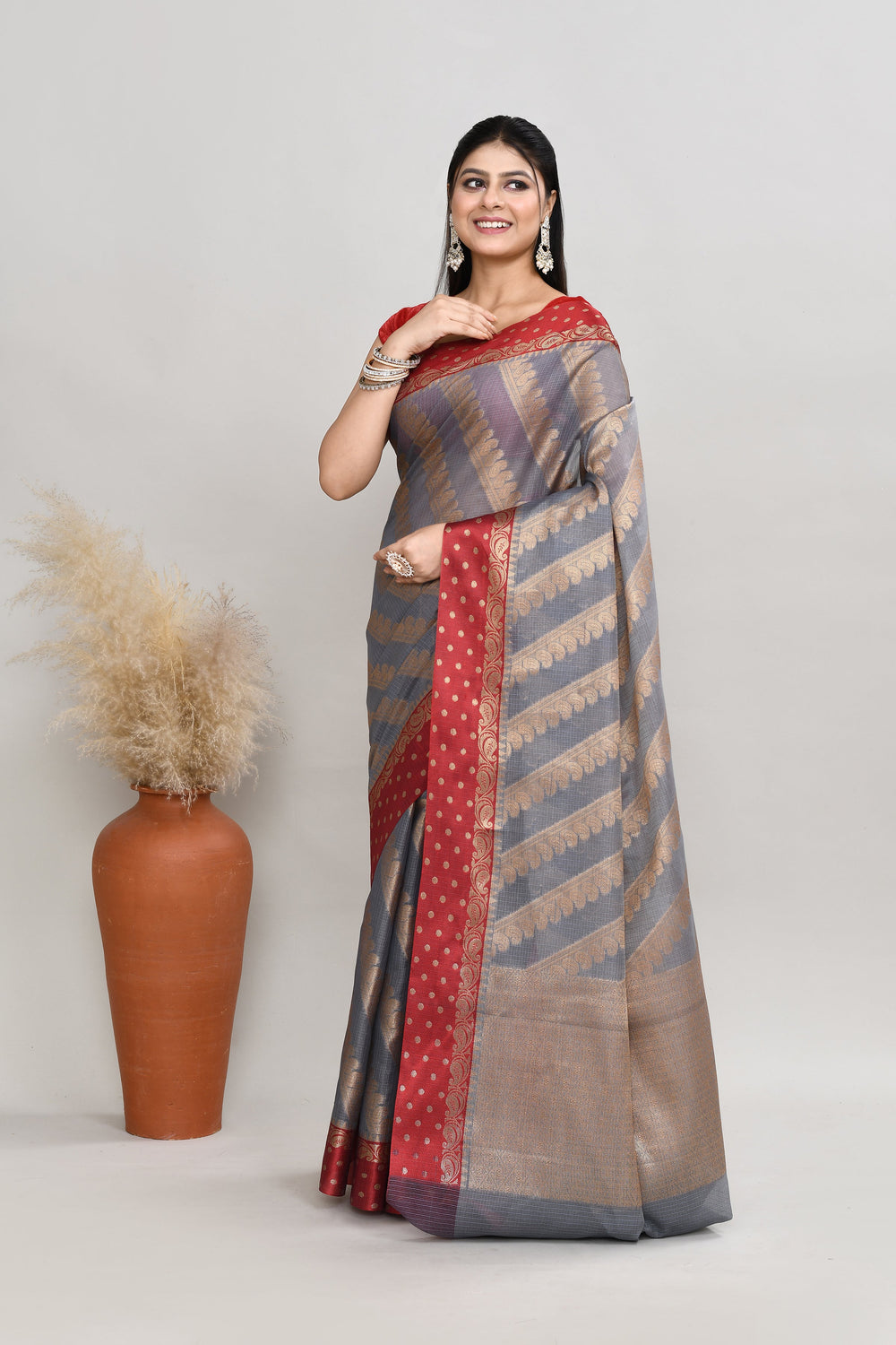 Grey-Kota-Silk-Red-Border-Banarasi-Zari-Work-Saree