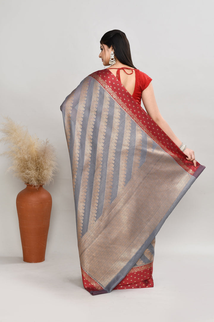 Grey-Kota-Silk-Red-Border-Banarasi-Zari-Work-Saree