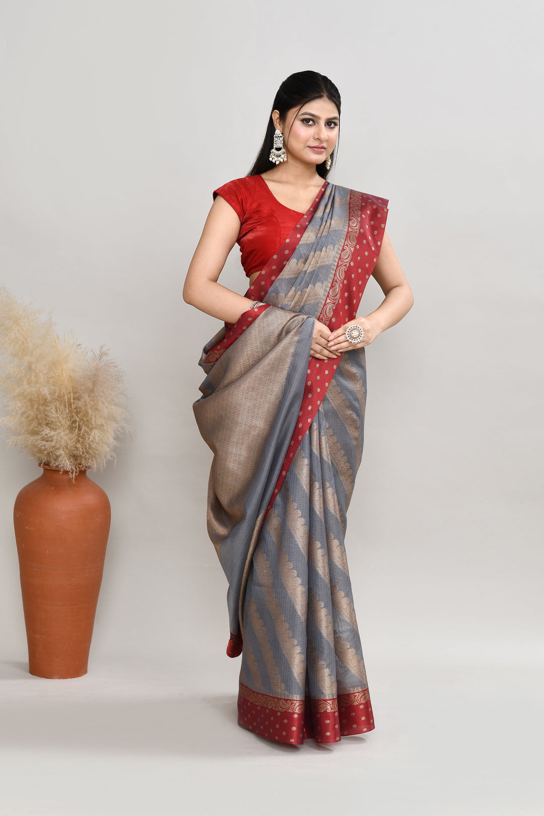 Grey-Kota-Silk-Red-Border-Banarasi-Zari-Work-Saree