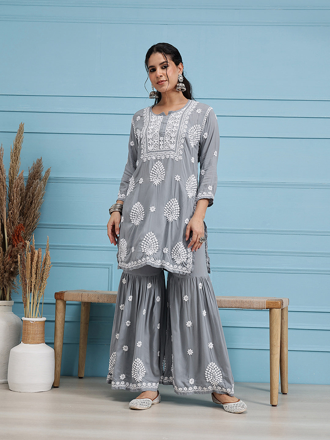 Grey-Modal-Lucknowi-Chikankari-Sharara-Set-(Set-Of-2)