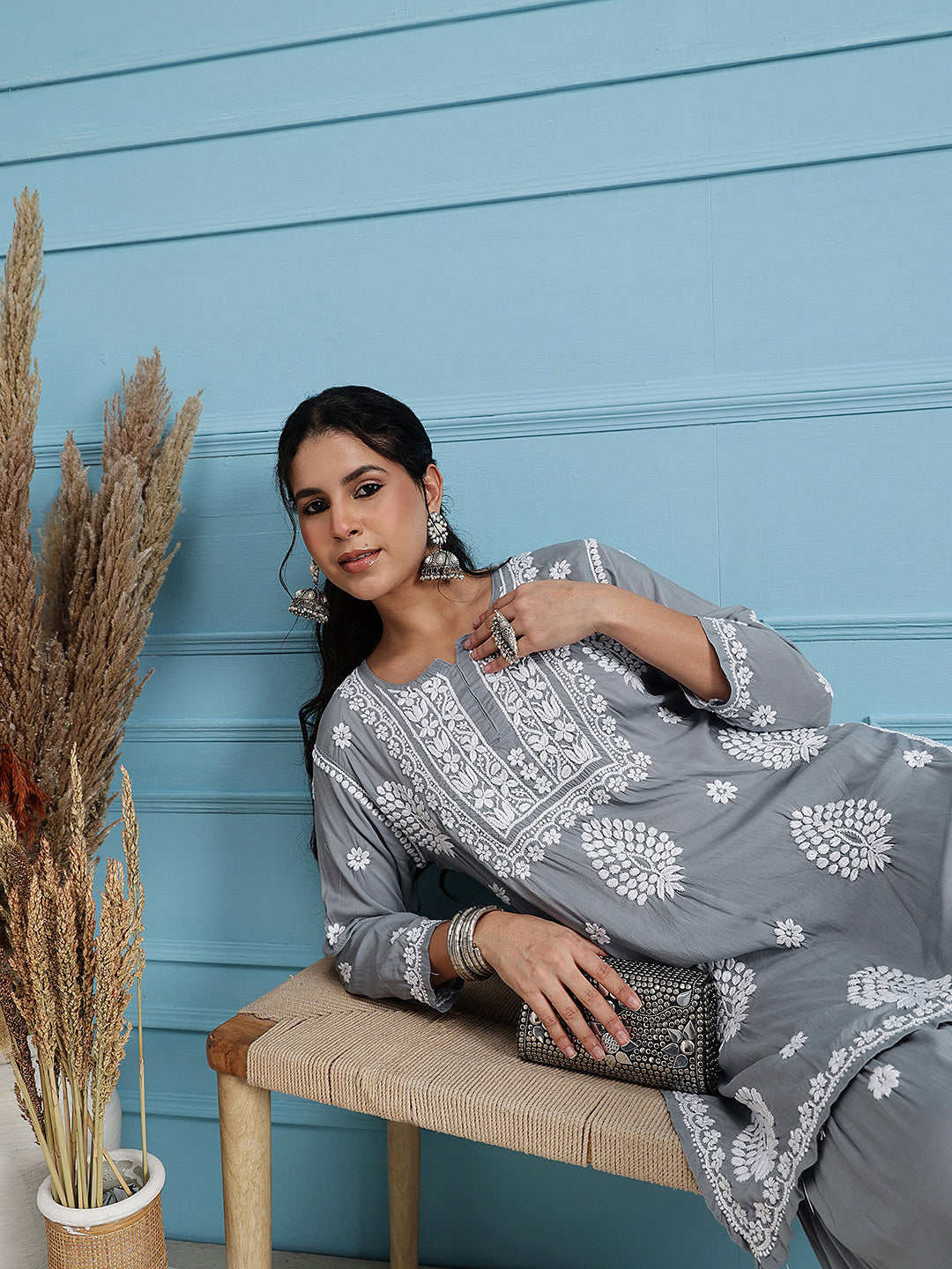 Grey-Modal-Lucknowi-Chikankari-Sharara-Set-(Set-Of-2)
