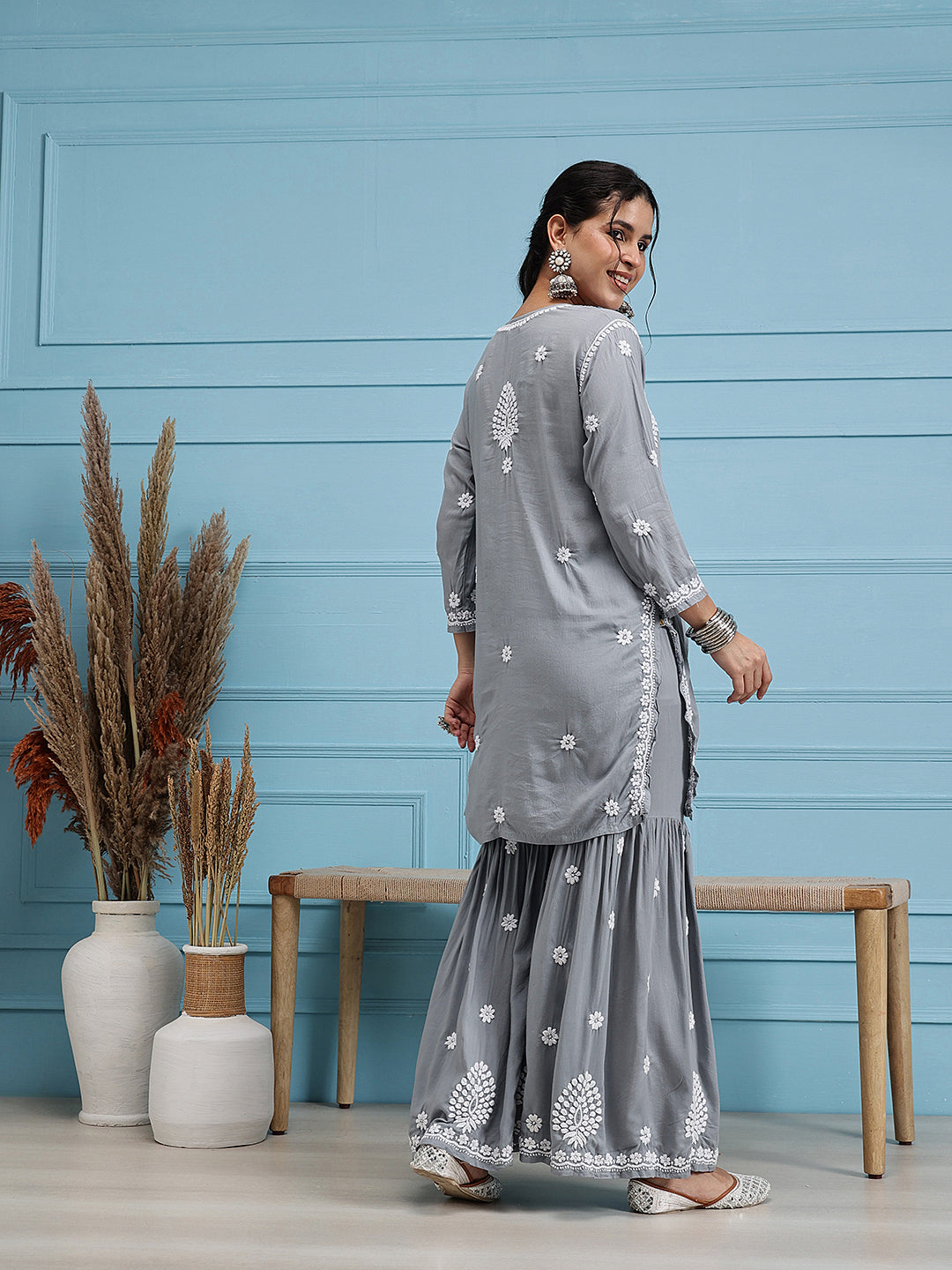 Grey-Modal-Lucknowi-Chikankari-Sharara-Set-(Set-Of-2)