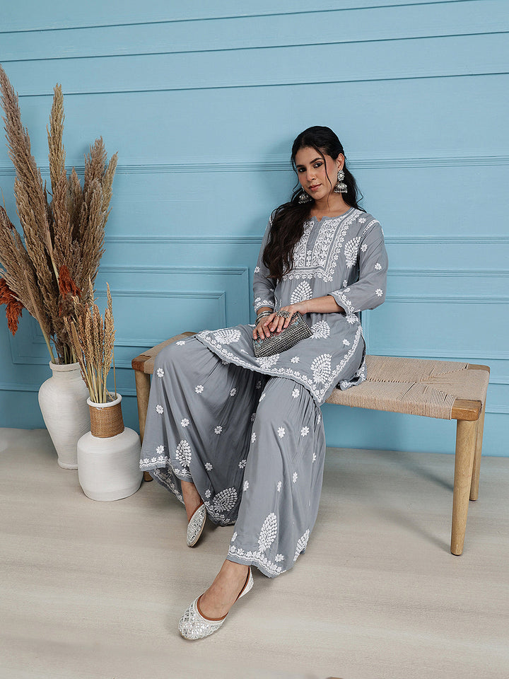 Grey-Modal-Lucknowi-Chikankari-Sharara-Set-(Set-Of-2)