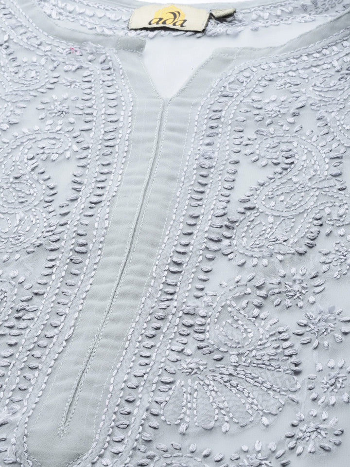 Grey-Poly-Georgette-Embroidered-Chikankari-Kurta-With-Slip