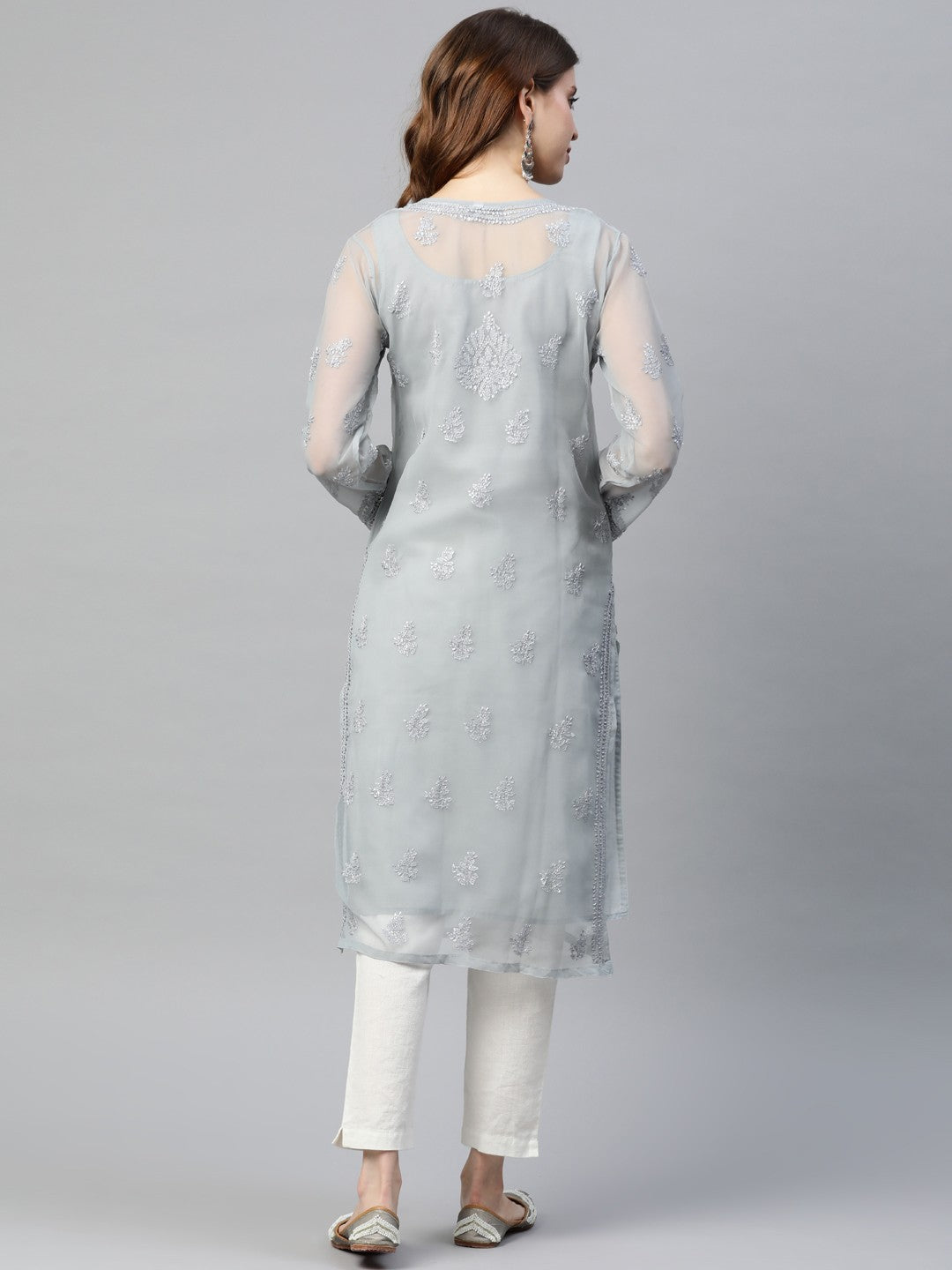 Grey-Poly-Georgette-Embroidered-Chikankari-Kurta-With-Slip