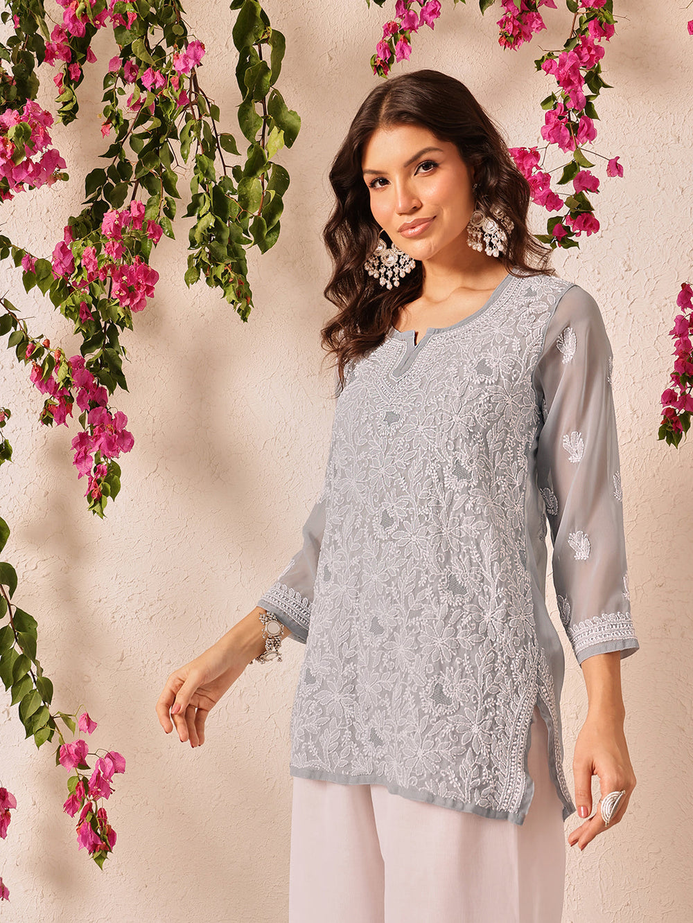 Grey-Poly-Georgette-Lucknowi-Chikankari-Short-Kurta-ONLY
