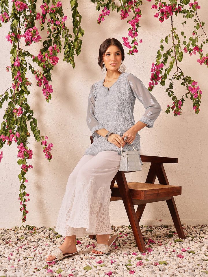 Grey-Poly-Georgette-Lucknowi-Chikankari-Short-Kurta-ONLY