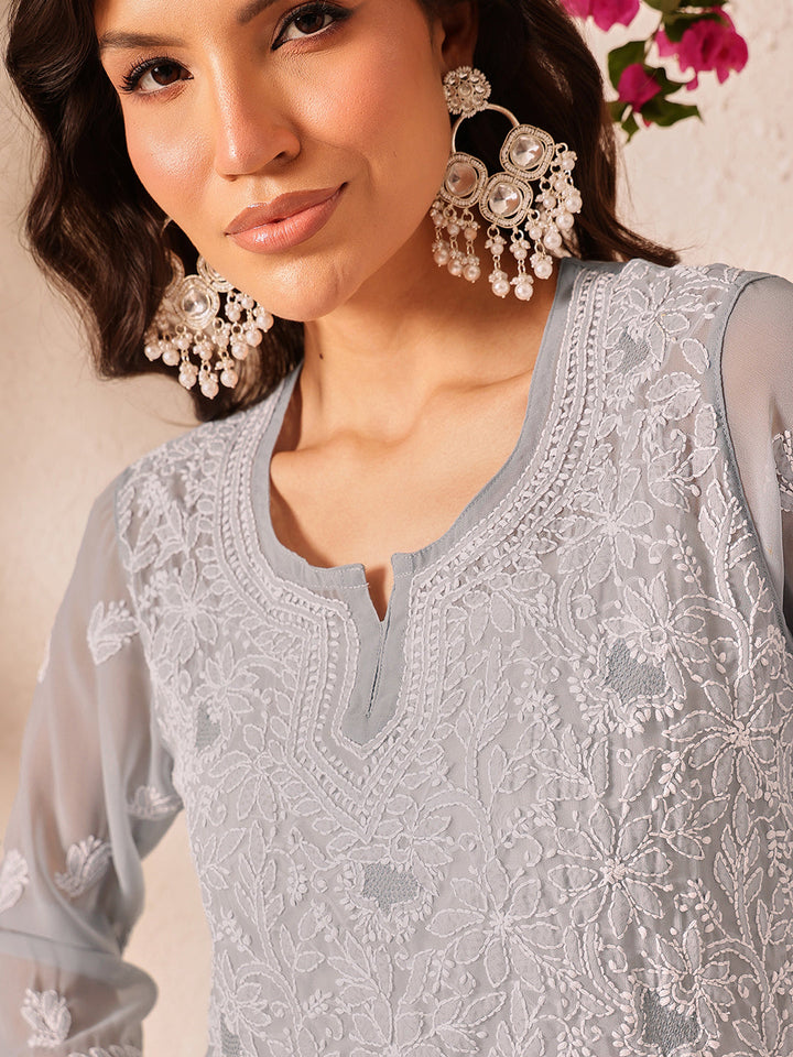 Grey-Poly-Georgette-Lucknowi-Chikankari-Short-Kurta-ONLY
