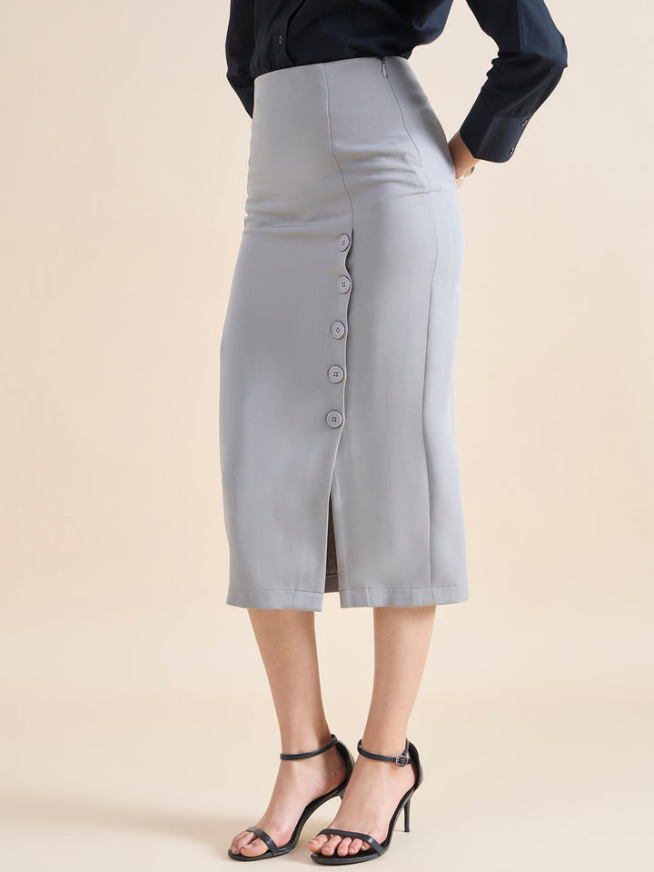 Grey-Polyester-Straight-Fit-Longline-Button-Detail-Skirt