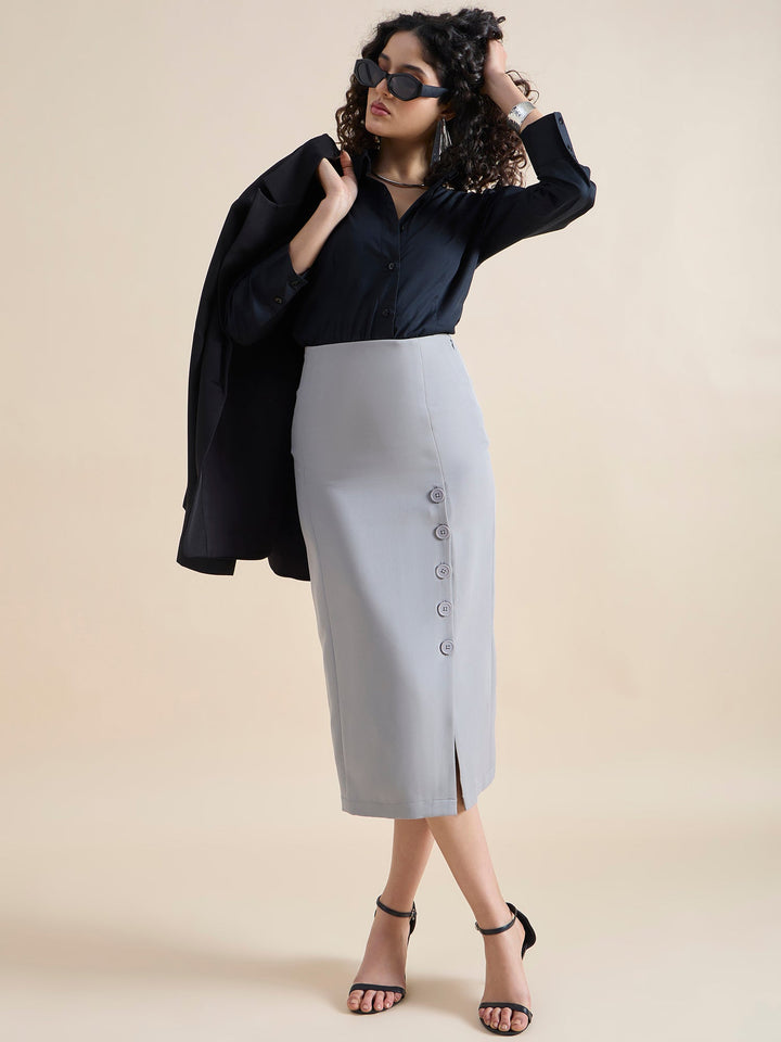 Grey-Polyester-Straight-Fit-Longline-Button-Detail-Skirt