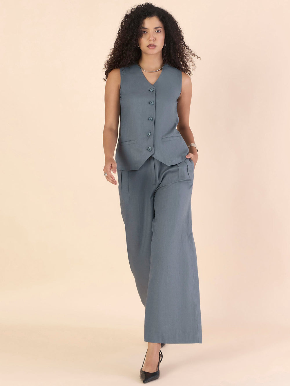 Grey-Pure-Cotton-Double-Pleated-Relax-Fit-Co-Ord-Set