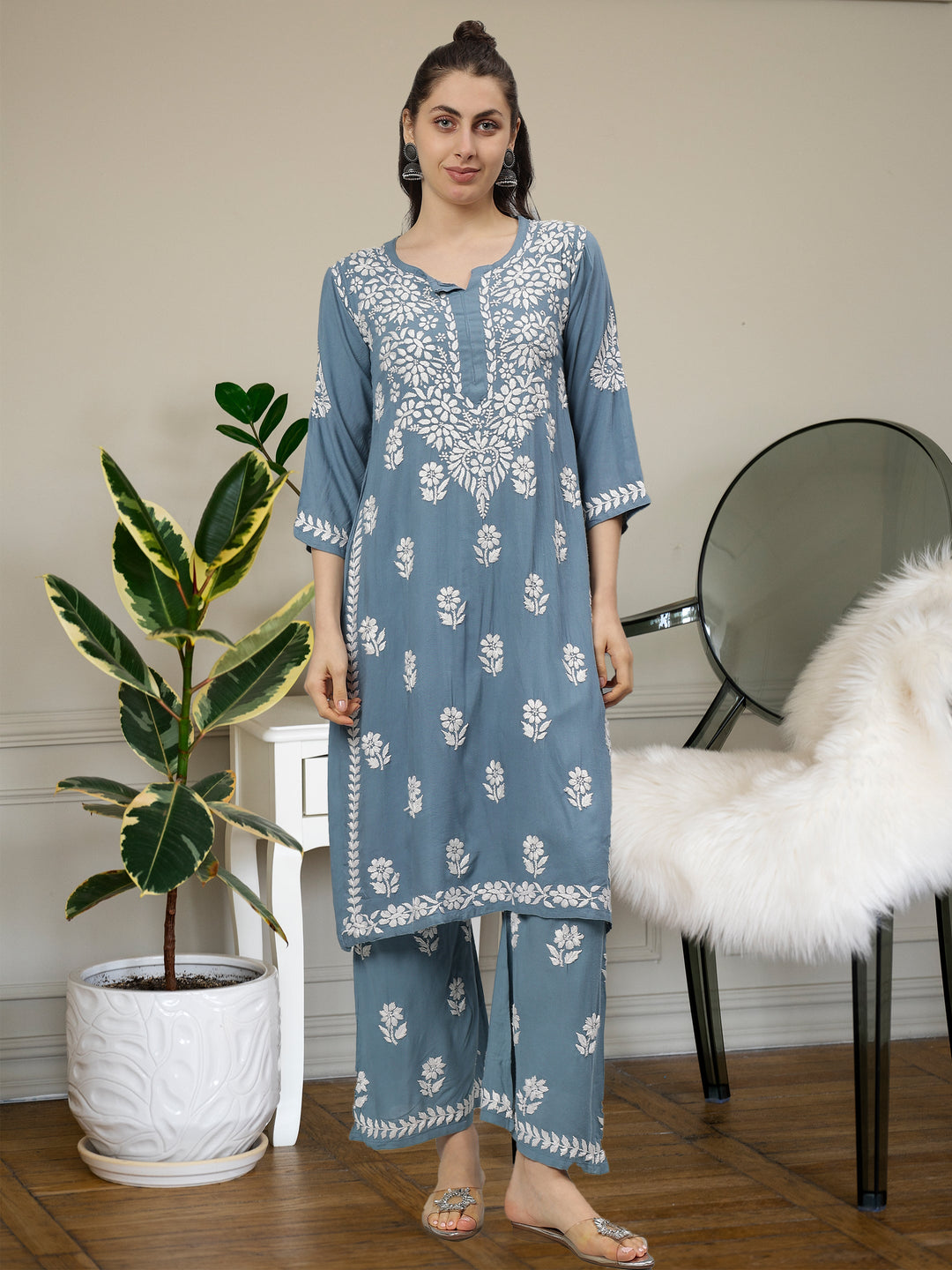 Grey-Rayon-Lucknowi-Chikankari-Kurta-with-Pant-Set