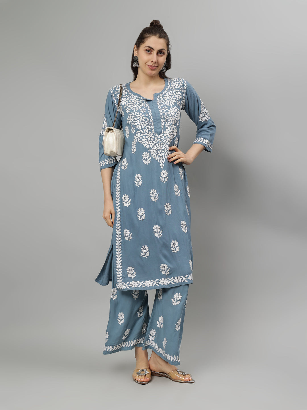 Grey-Rayon-Lucknowi-Chikankari-Kurta-with-Pant-Set