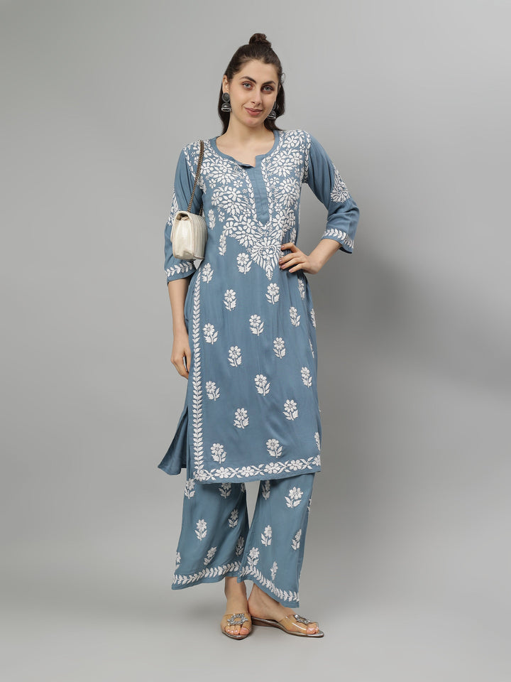 Grey-Rayon-Lucknowi-Chikankari-Kurta-with-Pant-Set
