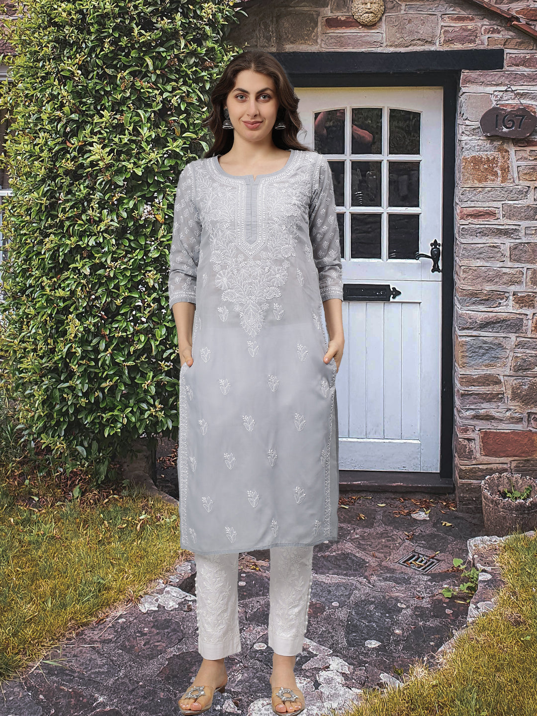 Grey-Terivoil-Cotton-Embroidered-Chikankari-Kurta-Only