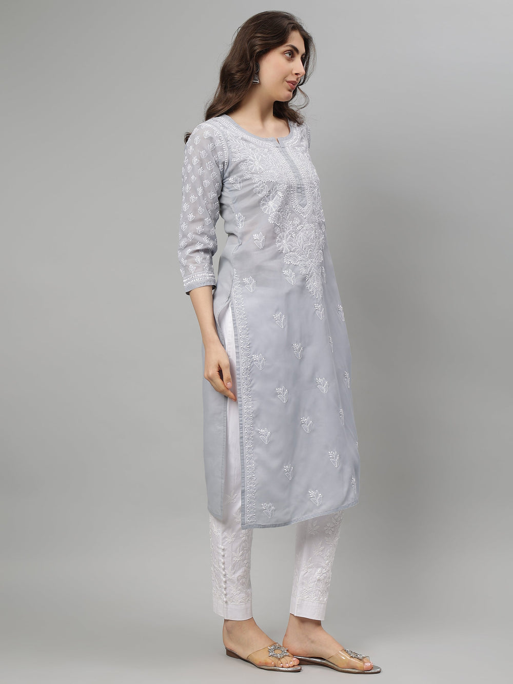 Grey-Terivoil-Cotton-Embroidered-Chikankari-Kurta-Only