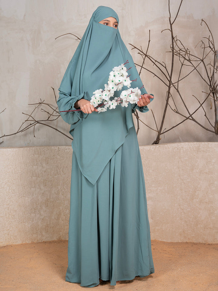 Greyish Blue Crushed Fabric Abaya With Khimar