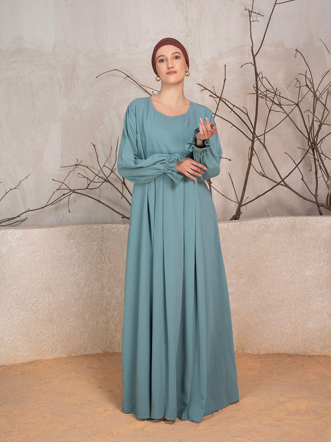 Greyish Blue Crushed Fabric Abaya With Khimar