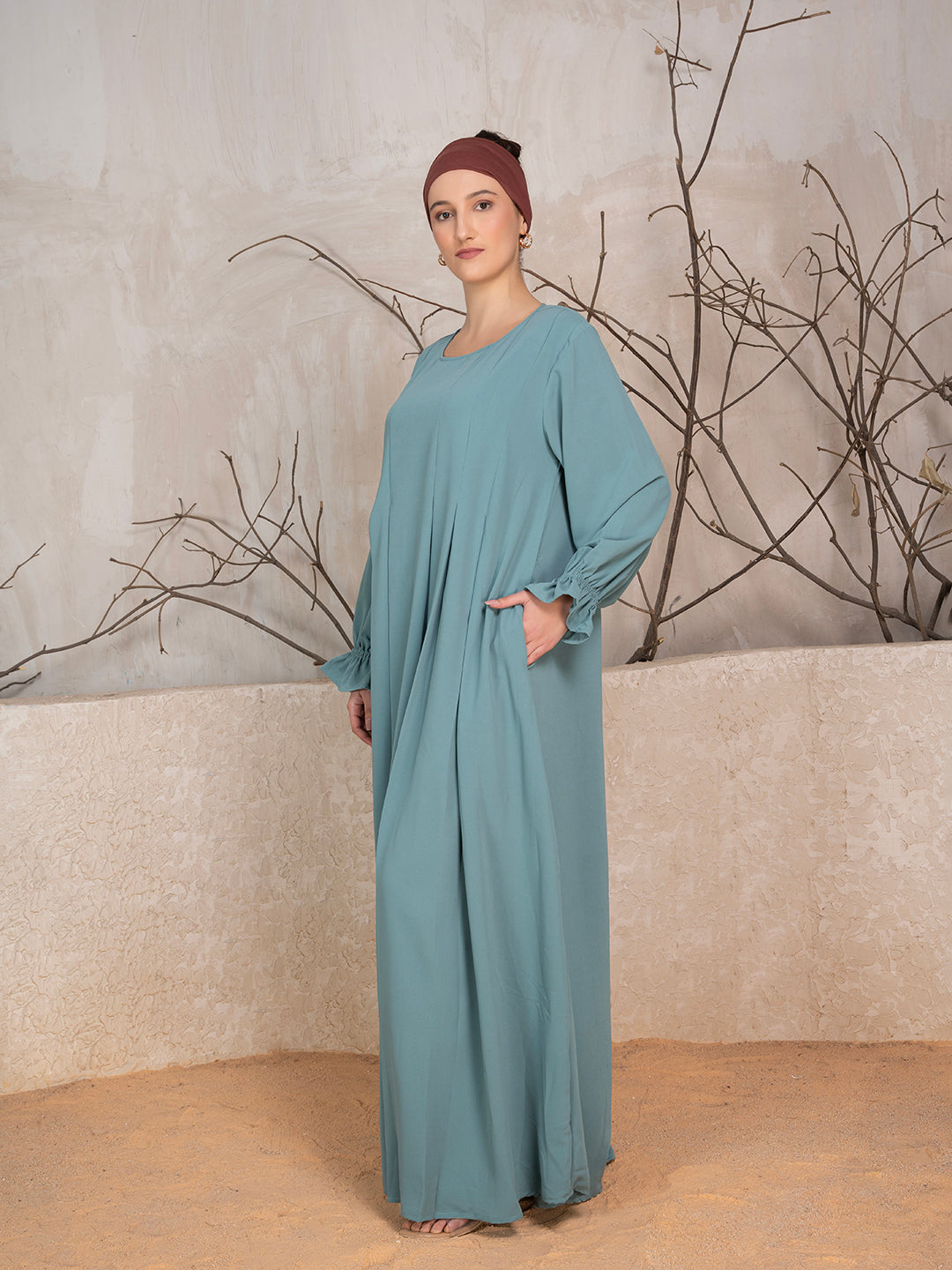 Greyish Blue Crushed Fabric Abaya With Khimar