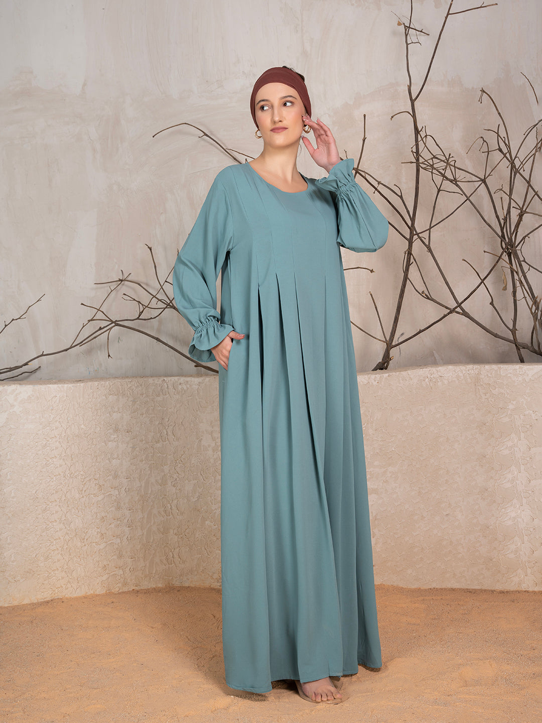 Greyish Blue Crushed Fabric Abaya With Khimar