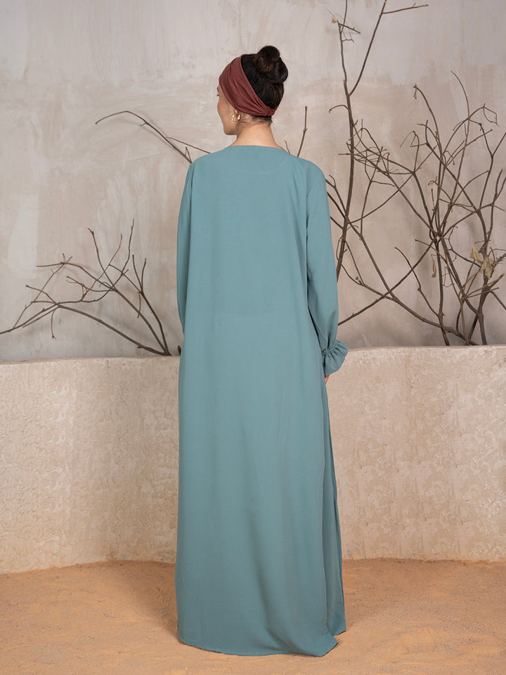 Greyish Blue Crushed Fabric Abaya With Khimar