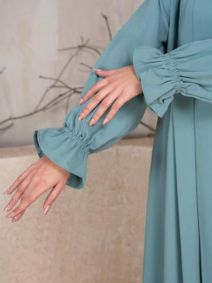 Greyish Blue Crushed Fabric Abaya With Khimar