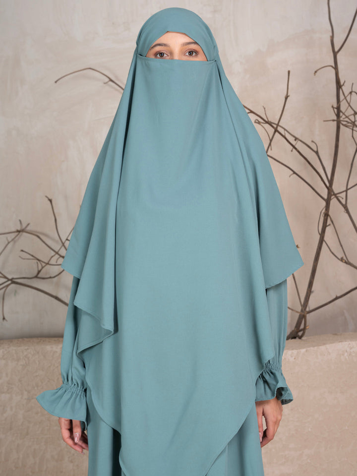 Greyish Blue Crushed Fabric Abaya With Khimar