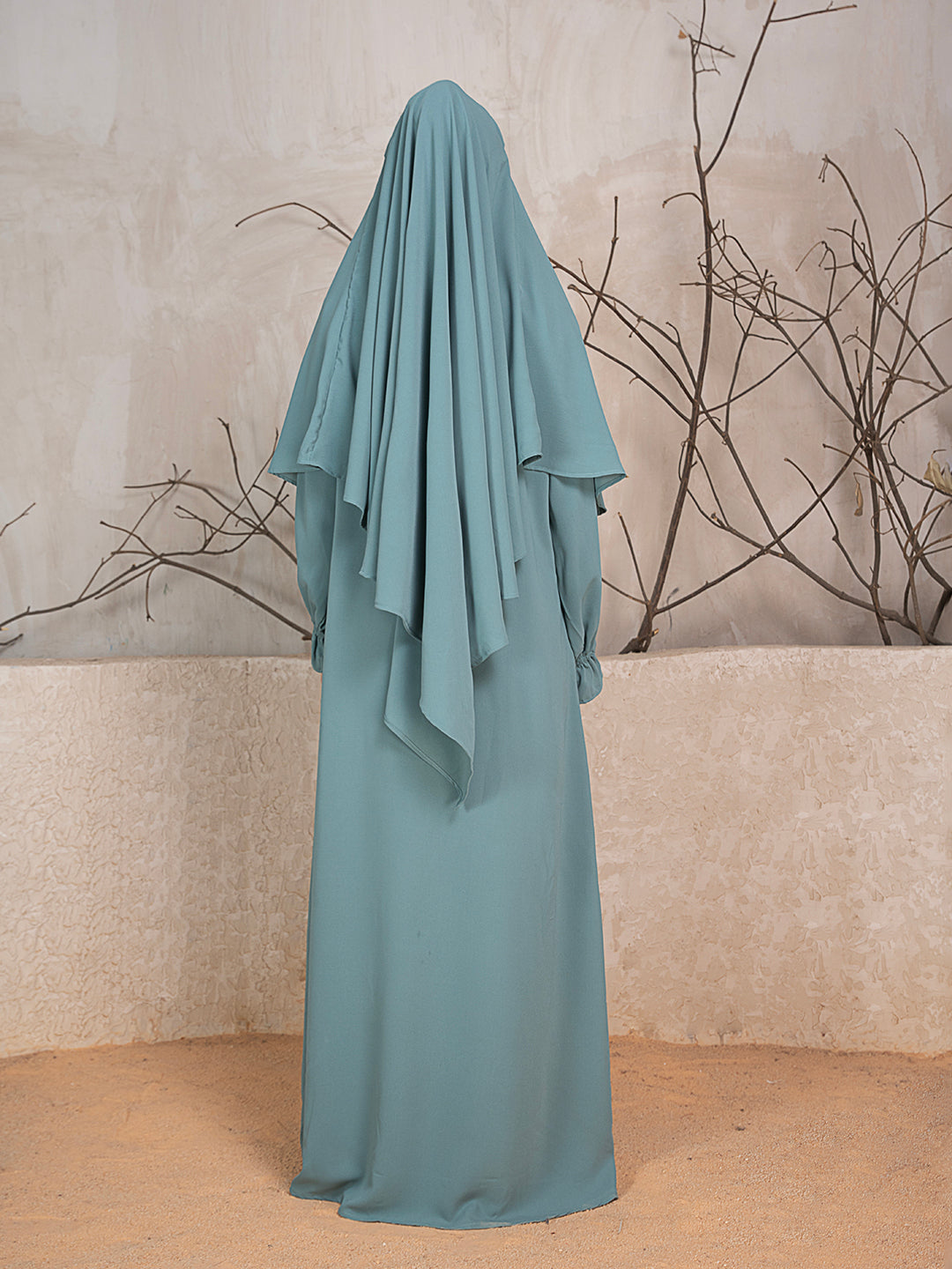 Greyish Blue Crushed Fabric Abaya With Khimar