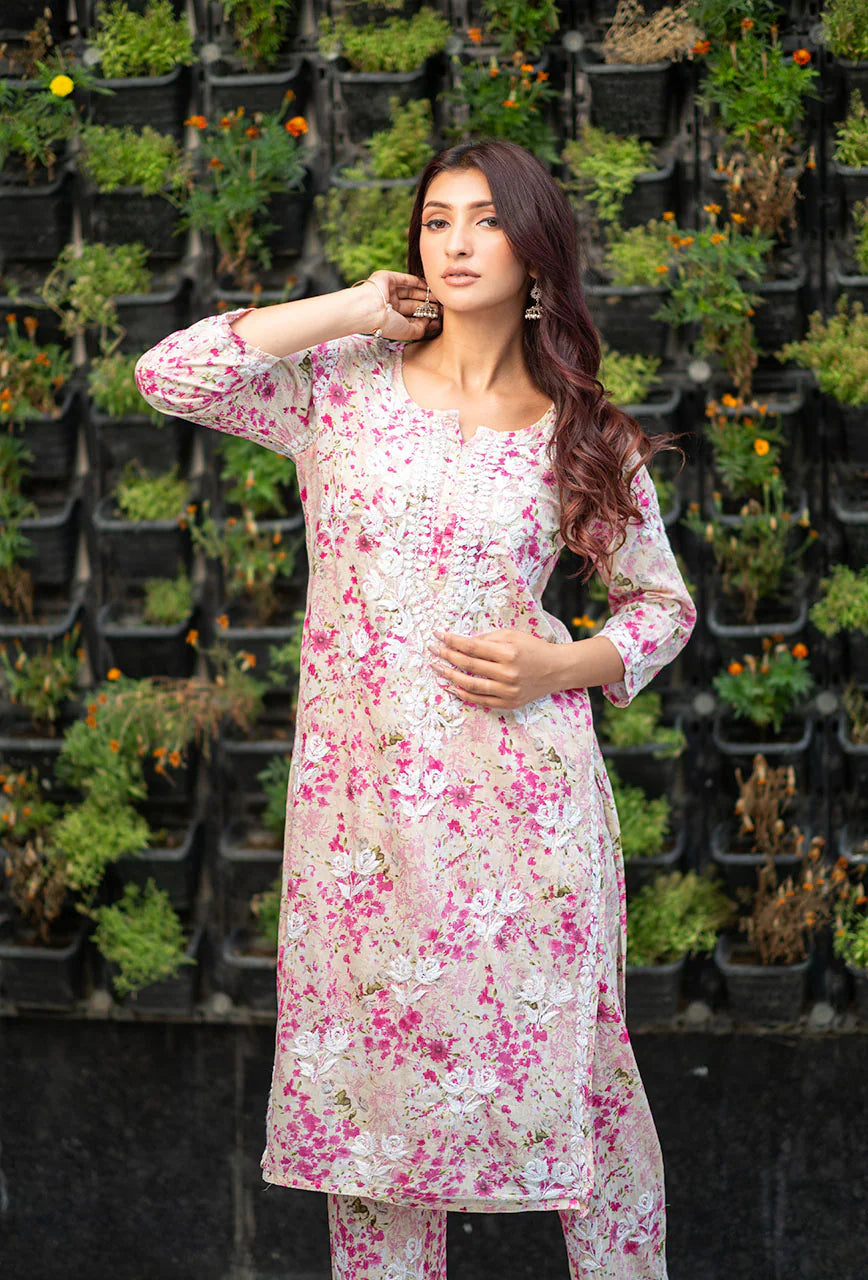 Gulabo-Pink-Mulmul-Three-Fourth-Sleeves-2-Piece-Kurta-Set