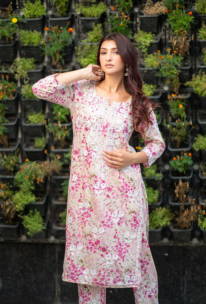 Gulabo-Pink-Mulmul-Three-Fourth-Sleeves-2-Piece-Kurta-Set