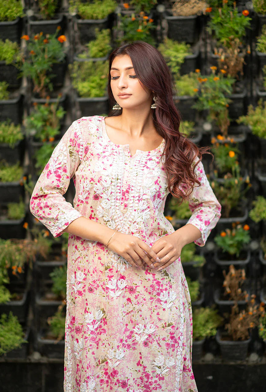 Gulabo-Pink-Mulmul-Three-Fourth-Sleeves-2-Piece-Kurta-Set