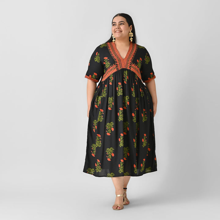 Gulbagh-Black-Rayon-V-Neck-Flared-Dress