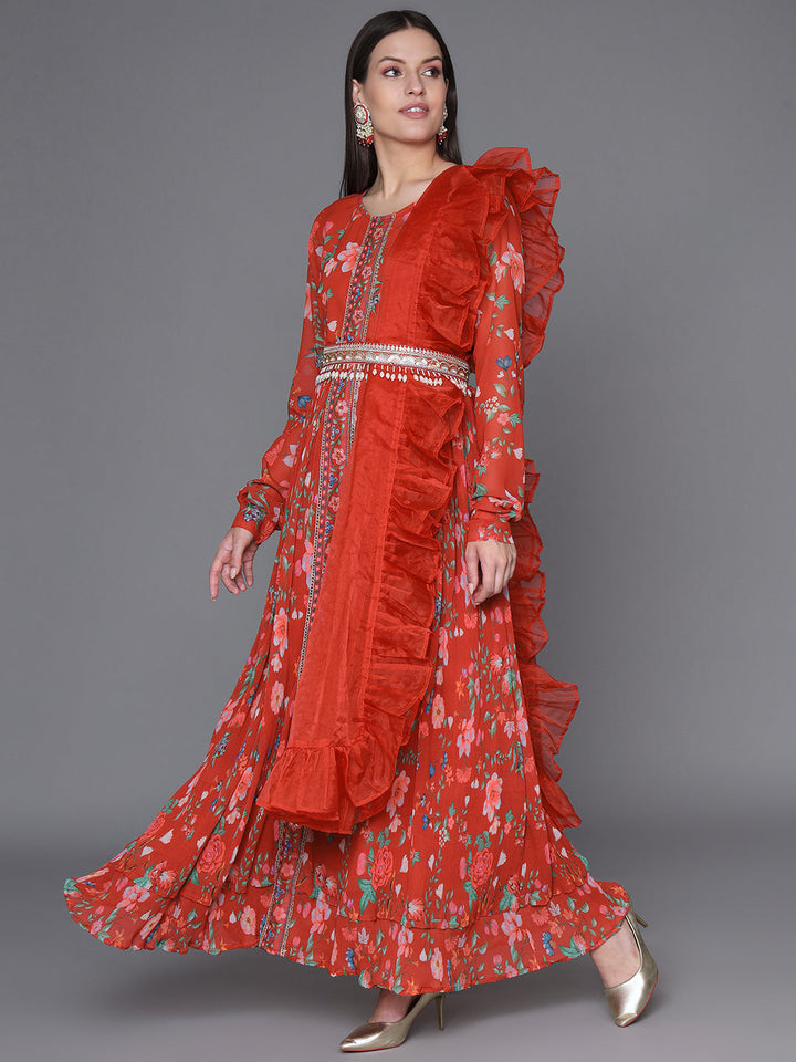 Red-Georgette-Printed-3-Piece-Kurta-Set-With-Belt
