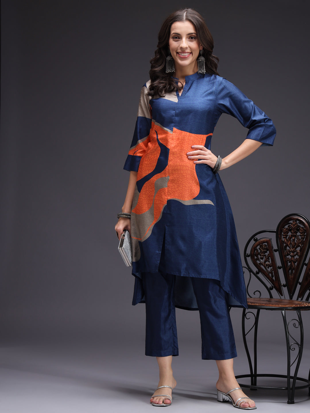 Blue-Silk-Blend-Printed-2-Piece-Kurta-Set
