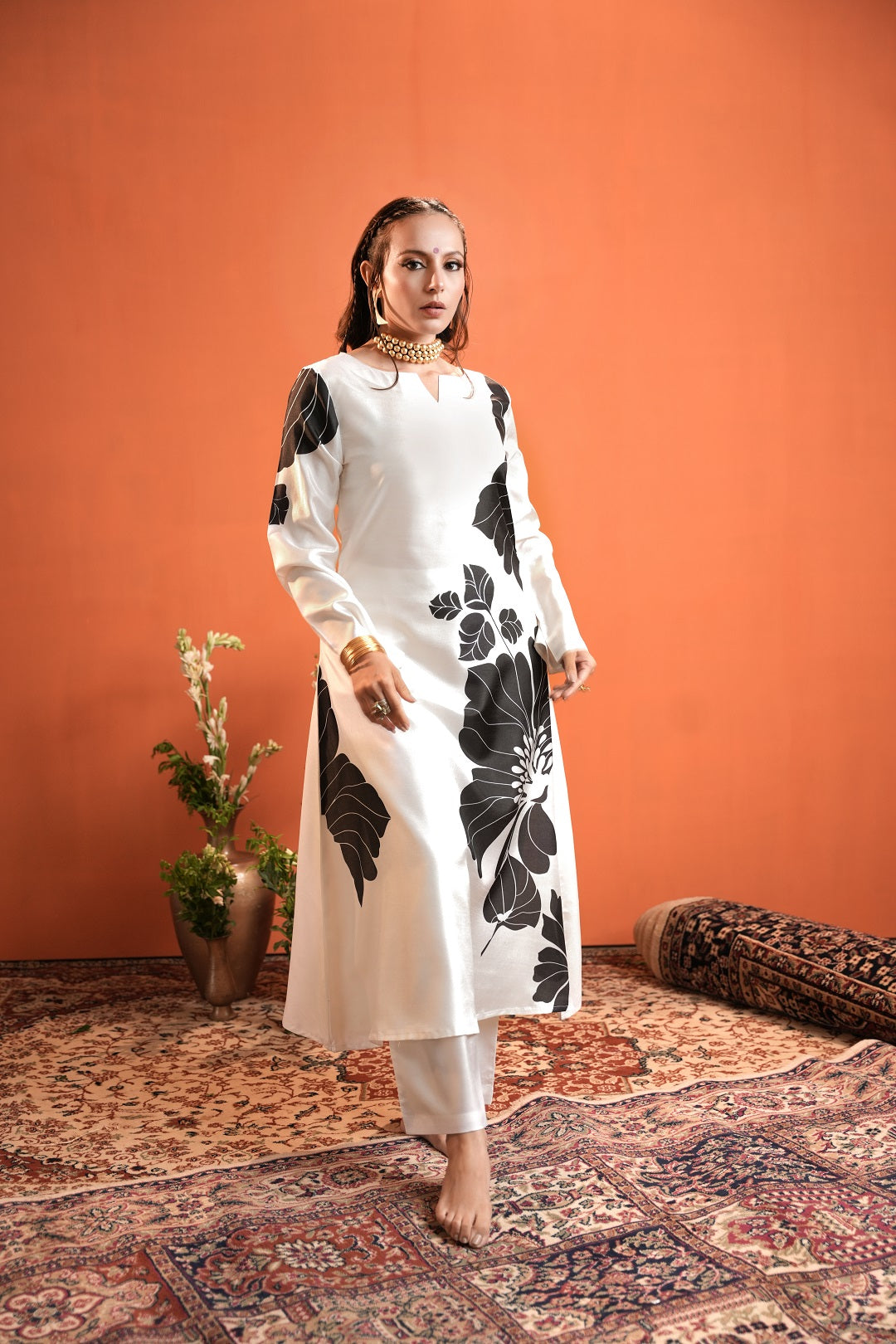 White-Silk-Blend--Floral-Printed-A-Line-2-Piece-Kurta-Set