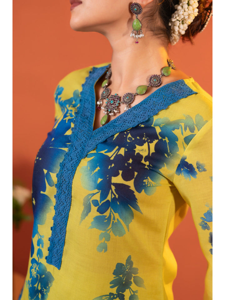 Yellow-Cotton-Blend-Floral-Printed-2-Piece-Kurta-Set