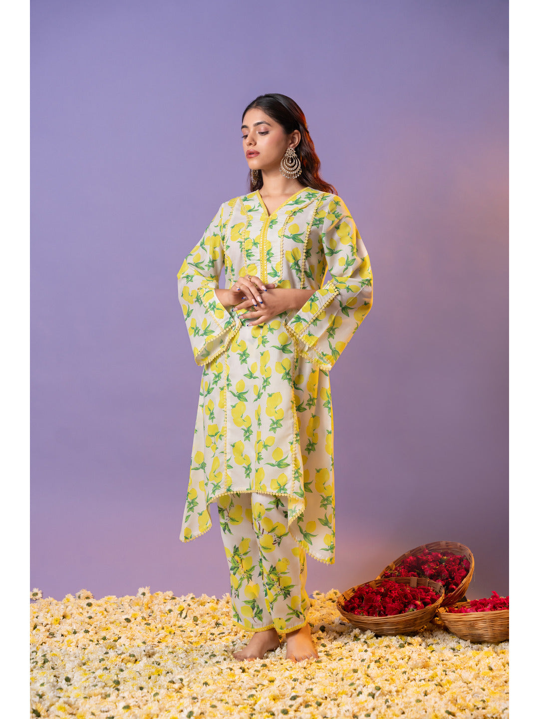 Yellow-Cotton-Printed-Flared-2-Piece-Kurta-Set