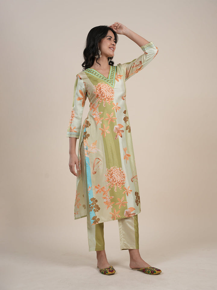 Olive-Green-Silk-Blend-Floral-Printed-3-Piece-Kurta-Set