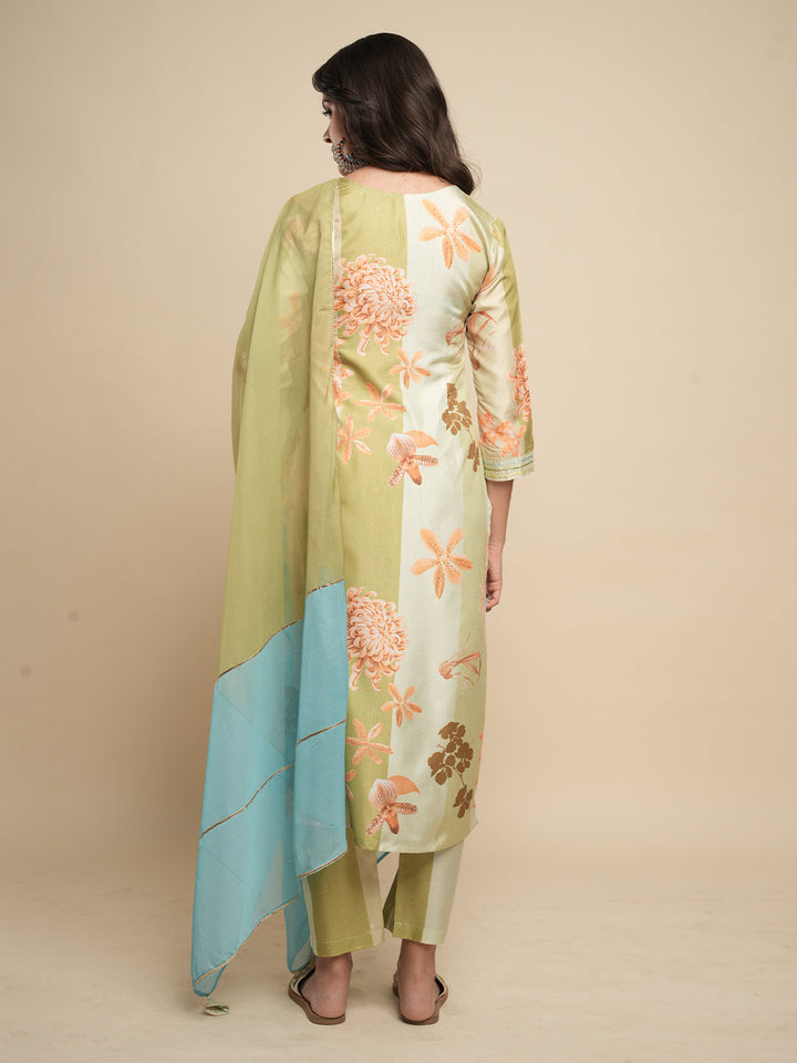 Olive-Green-Silk-Blend-Floral-Printed-3-Piece-Kurta-Set