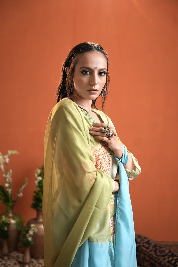 Olive-Green-Silk-Blend-Floral-Printed-3-Piece-Kurta-Set