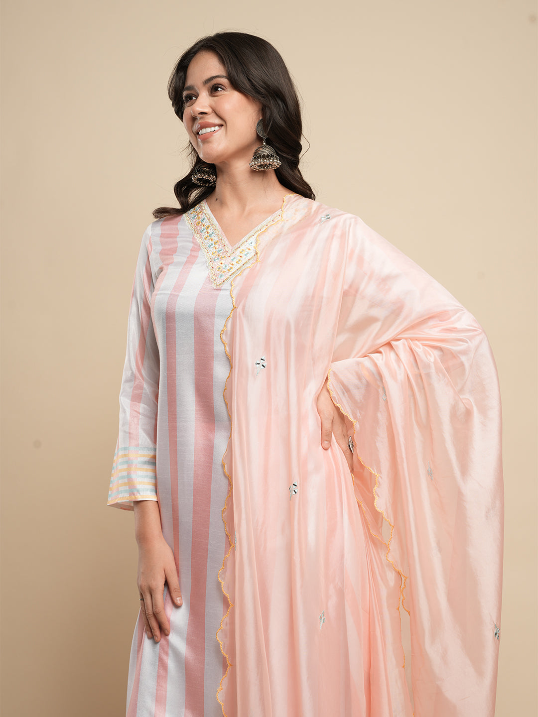 Peach-Silk-Blend-Stripe-Printed-3-Piece-Kurta-Set
