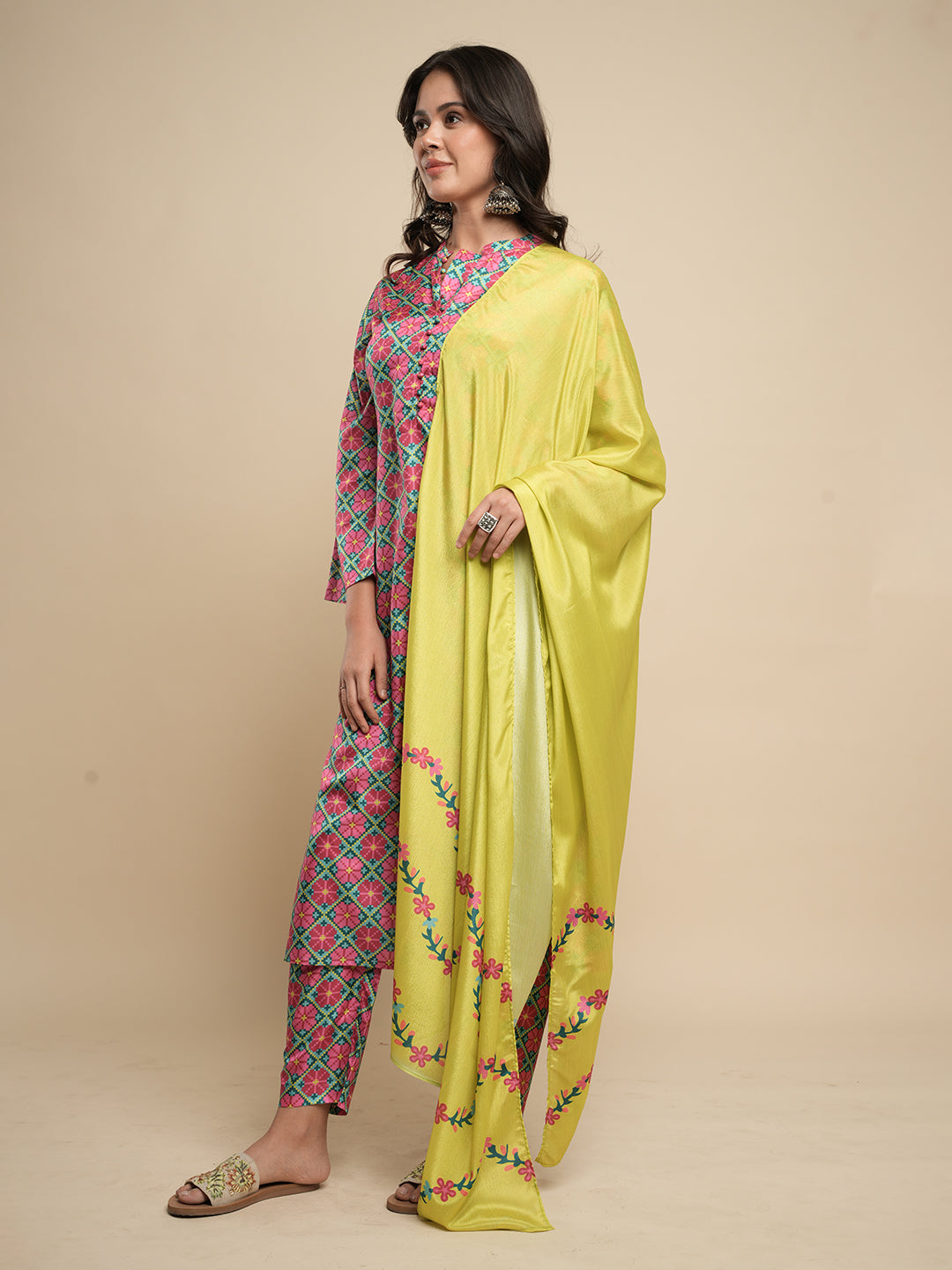 Blue-Silk-Blend-Floral-Printed-3-Piece-Kurta-Set