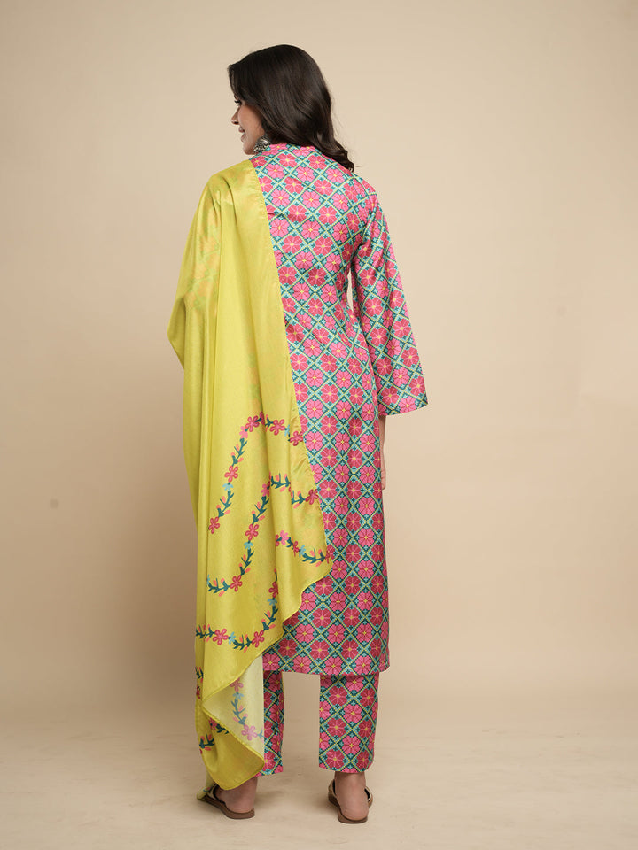 Blue-Silk-Blend-Floral-Printed-3-Piece-Kurta-Set
