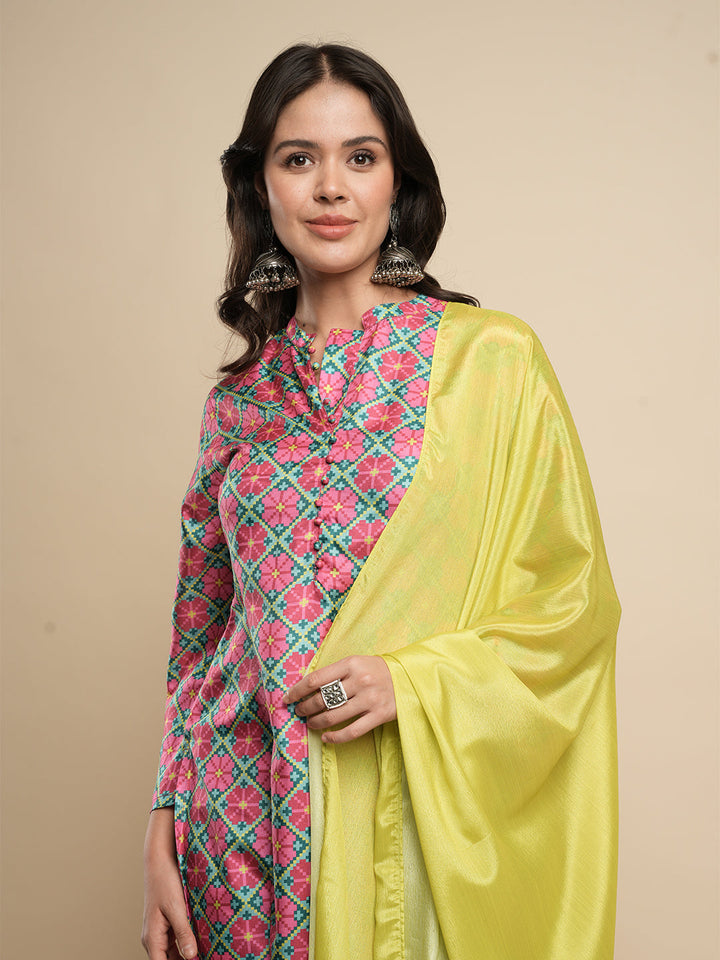 Blue-Silk-Blend-Floral-Printed-3-Piece-Kurta-Set