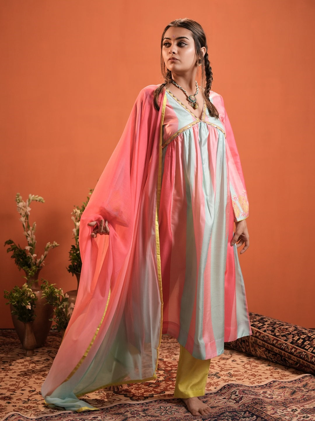 Sky-Blue-&-Pink-Silk-Blend-Printed-3-Piece-Kurta-Set