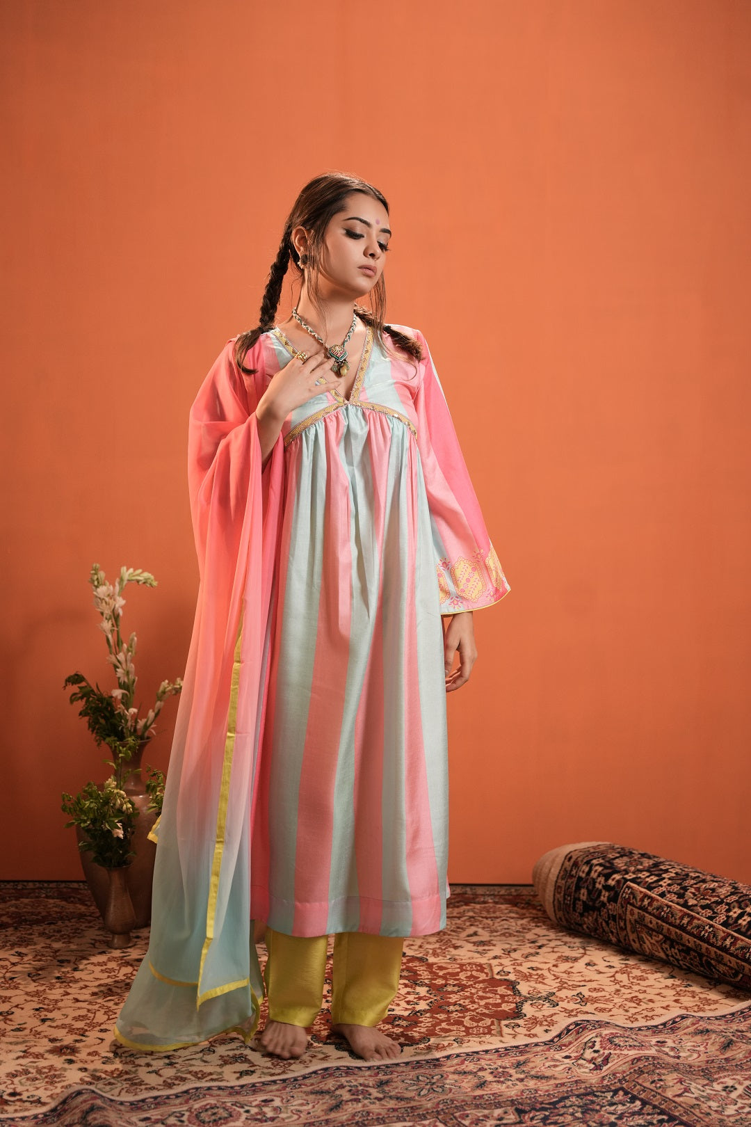 Sky-Blue-&-Pink-Silk-Blend-Printed-3-Piece-Kurta-Set