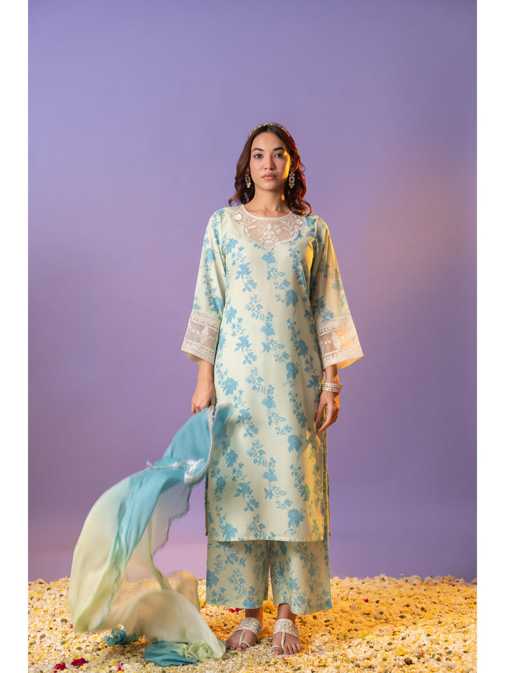 Green-Cotton-Floral-Printed-And-Embroidered-3-Piece-Kurta-Set