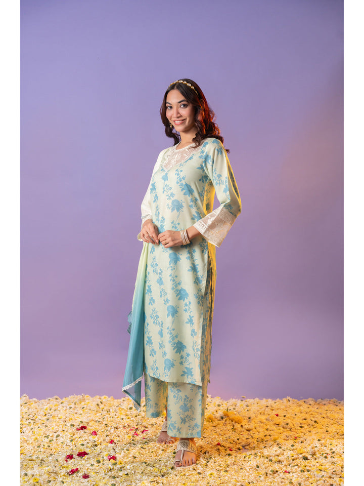 Green-Cotton-Floral-Printed-And-Embroidered-3-Piece-Kurta-Set
