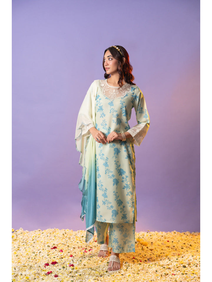 Green-Cotton-Floral-Printed-And-Embroidered-3-Piece-Kurta-Set
