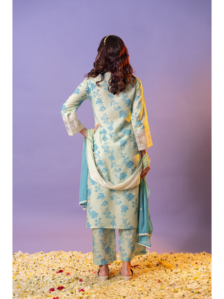Green-Cotton-Floral-Printed-And-Embroidered-3-Piece-Kurta-Set